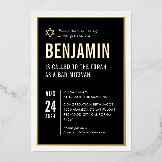 BAR MITZVAH modern minimaal geometrisch zwart wit Folie Uitnodiging (Voorkant)