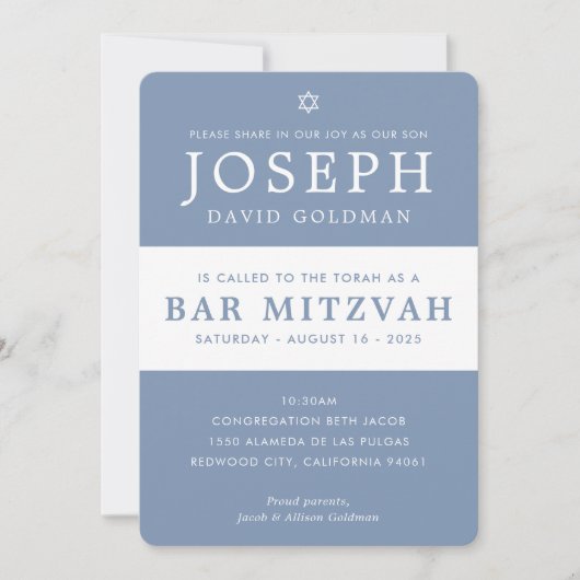 BAR MITZVAH modern minimaal stijlvol blauw wit Kaart (Voorkant)