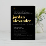 BAR MITZVAH modern minimaal trendzwart goud Folie Uitnodiging<br><div class="desc">door kat massard Modern uitnodiging met 'glanzend goudfolie' voor de MITZVAH viering van je kind. Eenvoudig de sjabloon zelf per e-mail bij te werken voor overeenkomende objecten en alternatieve kleurenschema's - kat@simplysweetpaperie.com</div>