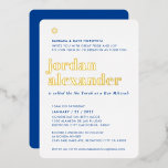 BAR MITZVAH modern minimaal vet koninklijk blauw Folie Uitnodiging<br><div class="desc">door kat massard Modern uitnodiging met 'glanzend goudfolie' voor de MITZVAH viering van je kind. Eenvoudig de sjabloon zelf per e-mail bij te werken voor overeenkomende objecten en alternatieve kleurenschema's - kat@simplysweetpaperie.com</div>