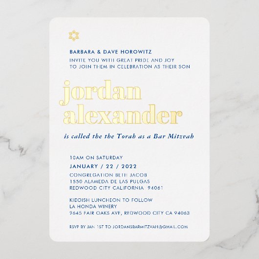 BAR MITZVAH modern minimaal vet koninklijk blauw Folie Uitnodiging (Voorkant)