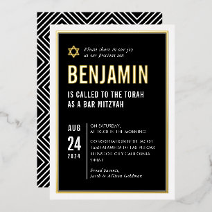 BAR MITZVAH modern minimal geometrisch zwart wit Folie Uitnodiging