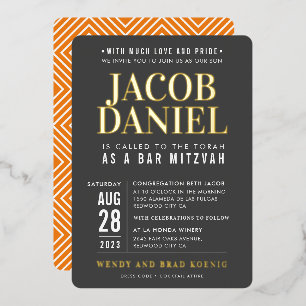 BAR MITZVAH modern minimal strak jongen grijs oran Folie Uitnodiging