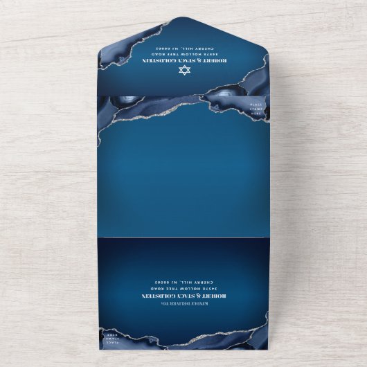 Bar Mitzvah Modern Navy Blue Ombre Agate Script All In One Uitnodiging (Buitenkant)