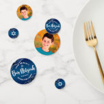 Bar Mitzvah Modern Navy Blue Ombre Agate Script Confetti<br><div class="desc">Voeg wat extra stijl aan uw favoriete feest van de Bar Mitzvah met deze klantgerichte lijstconfetti toe! Witte scripttypografie en ster van David bedekken een diepe blauw-blauw-ombre achtergrond met een stalen blauw agaat dat aan één kant is voorzien van faux zilveren aderen. De foto van uw Bar Mitzvah is op...</div>