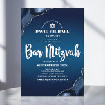 Bar Mitzvah modern Navy Blue Ombre Agate Script in Kaart<br><div class="desc">Wees trots, blij en toon deze mijlpaal van je favoriete Bar Mitzvah! Verstuur deze coole, unieke, moderne, gepersonaliseerde uitnodiging voor een evenement om het te herinneren. Witte scripttypografie en ster van David bedekken een diepe blauw blauw ombre achtergrond met een stalen blauw agaat met faux zilveren aderen. Personaliseer de douanetekst...</div>