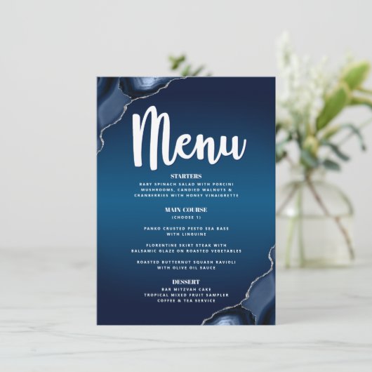 Bar Mitzvah Modern Navy Blue Ombre Agate Script Menu (Staand voorkant)