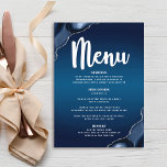 Bar Mitzvah Modern Navy Blue Ombre Agate Script Menu<br><div class="desc">Wees trots, verheug en toon deze mijlpaal van je favoriete Bar Mitzvah met een viering om trots op te zijn! Verleg uw gasten met dit verbluffende, moderne menu van de partijmaaltijd, met een wit kalligrafiescript, gewaagde witte typografie, en stalen blauw geaarde stenen voorzien van faux zilveren aderen, allemaal bedekt met...</div>