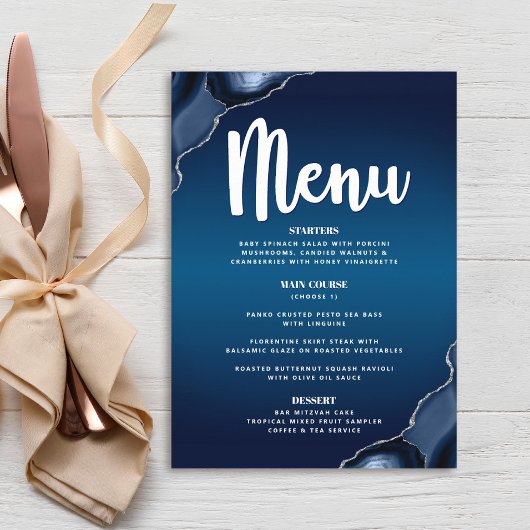 Bar Mitzvah Modern Navy Blue Ombre Agate Script Menu