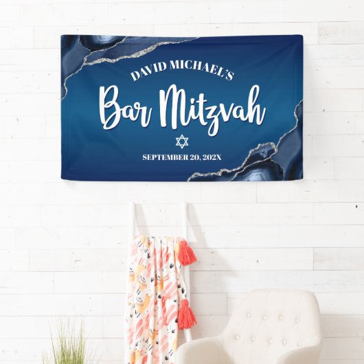 Bar Mitzvah Modern Navy Blue Ombre Agate Script Spandoek (Insitu)
