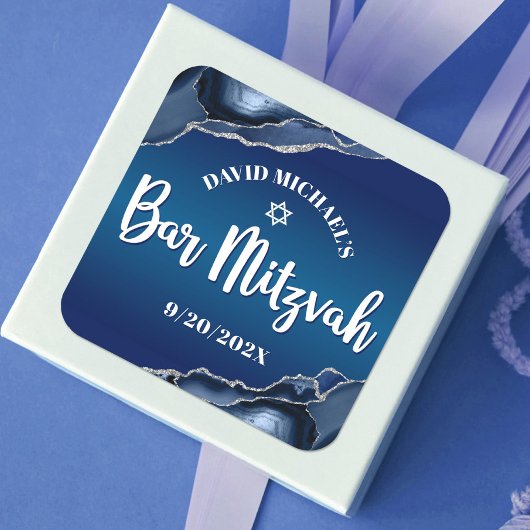 Bar Mitzvah Modern Navy Blue Ombre Agate Script Vierkante Sticker