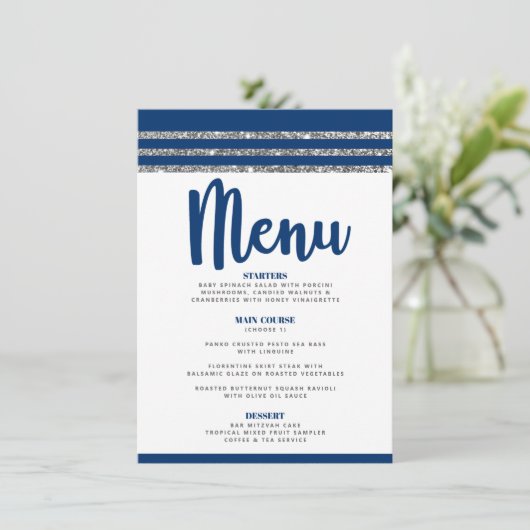 Bar Mitzvah Modern Navy Blue Silver Tallit Script Menu (Staand voorkant)