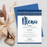 Bar Mitzvah Modern Navy Blue Silver Tallit Script Menu<br><div class="desc">Wees trots, verheug en toon deze mijlpaal van je favoriete Bar Mitzvah met een viering om trots op te zijn! Vertrek uw gasten met dit verbluffende, moderne menu van de partijmaaltijd, met een blauw marinescript voor de marine, een gewaagd blauw en zachte grijze typografie, en een blauw en faux zilveren...</div>