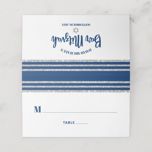 Bar Mitzvah Modern Navy Blue Silver Tallit Script Plaatskaartje (Buitenkant ongevouwen)