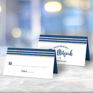 Bar Mitzvah Modern Navy Blue Silver Tallit Script Plaatskaartje