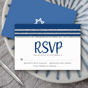 Bar Mitzvah Modern Navy Blue Silver Tallit Script RSVP Kaartje