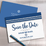 Bar Mitzvah Modern Navy Blue Silver Tallit Script Save The Date<br><div class="desc">Zorg ervoor al uw vrienden en familieleden de mijlpaal van uw zoon Bar Mitzvah zullen kunnen vieren! Verzend deze koele, unieke, moderne, gepersonaliseerde "sparen de Datum"aankondigingskaart. Vet, blauw blauw script typografie, Ster van David en een blauw en zilveren glitter gestript, geïnspireerd grafisch deklaag op een eenvoudige, witte achtergrond. Pas de...</div>