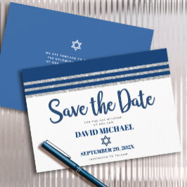 Bar Mitzvah Modern Navy Blue Silver Tallit Script Save The Date
