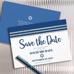Bar Mitzvah Modern Navy Blue Silver Tallit Script Save The Date