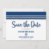 Bar Mitzvah Modern Navy Blue Silver Tallit Script Save The Date (Voorkant)