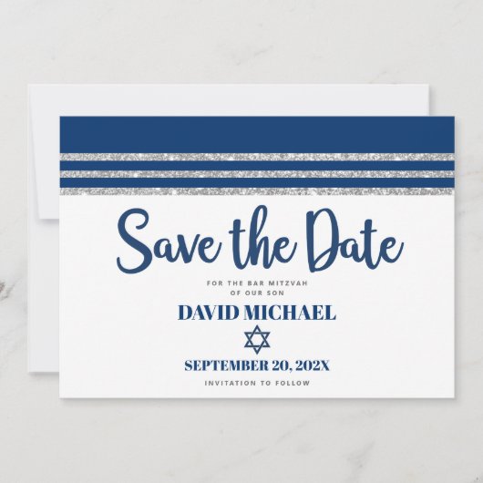 Bar Mitzvah Modern Navy Blue Silver Tallit Script Save The Date (Voorkant)