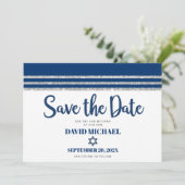 Bar Mitzvah Modern Navy Blue Silver Tallit Script Save The Date (Staand voorkant)