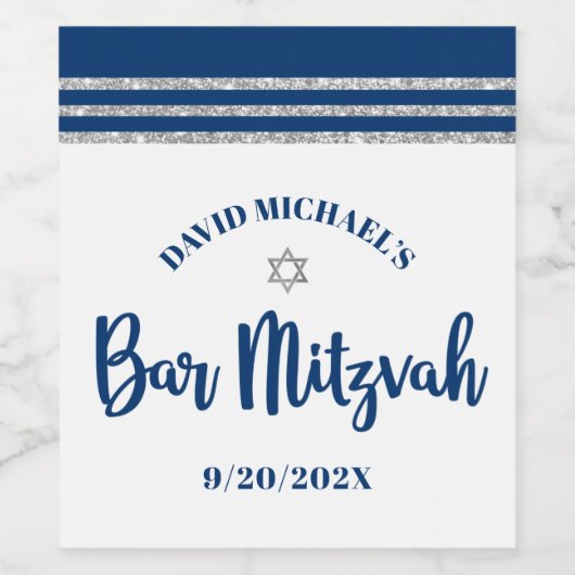 Bar Mitzvah Modern Navy Blue Silver Tallit Script Wijn Etiket (Enkel label)