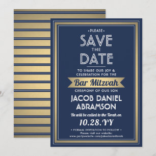 Bar Mitzvah Modern Navy Blue White Faux Gold Save The Date