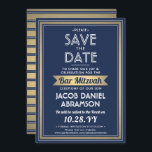 Bar Mitzvah Modern Navy Blue White Faux Gold Save The Date<br><div class="desc">Nodig familie en vrienden uit voor een elegante bar mitzvah ceremonie en viering voor hem met deze blauw, witte en faux gouden folie, behalve de date uitnodiging. Al tekst is eenvoudig aan te passen, zodat kan het om het even welke formulering betreffende de dienst, de lezing van Torah, en partij...</div>