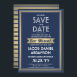 Bar Mitzvah Modern Navy Blue White Faux Gold Save The Date<br><div class="desc">Nodig familie en vrienden uit voor een elegante bar mitzvah ceremonie en viering voor hem met deze blauw, witte en faux gouden folie, behalve de date uitnodiging. Al tekst is eenvoudig aan te passen, zodat kan het om het even welke formulering betreffende de dienst, de lezing van Torah, en partij...</div>