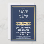 Bar Mitzvah Modern Navy Blue White Faux Gold Save The Date (Voorkant)