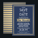 Bar Mitzvah Modern Navy Blue White Faux Gold Save The Date<br><div class="desc">Nodig familie en vrienden uit voor een elegante bar mitzvah ceremonie en viering voor hem met deze blauw, witte en faux gouden folie, behalve de date uitnodiging. Al tekst is eenvoudig aan te passen, zodat kan het om het even welke formulering betreffende de dienst, de lezing van Torah, en partij...</div>