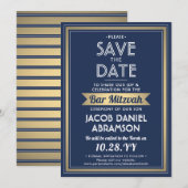 Bar Mitzvah Modern Navy Blue White Faux Gold Save The Date (Voorkant / Achterkant)