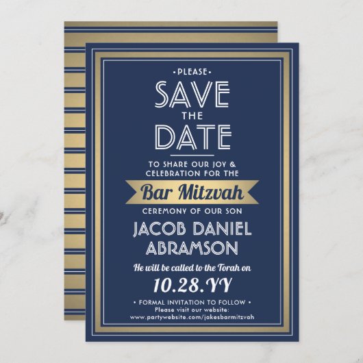 Bar Mitzvah Modern Navy Blue White Faux Gold Save The Date (Voorkant / Achterkant)