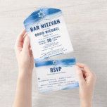 Bar Mitzvah Modern Navy Typografie Blue Folie Part All In One Uitnodiging<br><div class="desc">Wees trots, verheug je en laat deze mijlpaal van je favoriete Bar Mitzvah zien! Stuur deze coole, unieke, moderne, aangepaste all-in-one uitnodiging voor een evenement om te onthouden. Metallic lichtblauwe folie penseelstreken, samen met vette, marineblauwe typografie en Star of David, bedekken een eenvoudige, witte achtergrond. Dit alles-in-één product is een...</div>