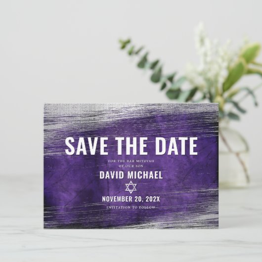 Bar Mitzvah Modern Paarse Waterverf Silver Foil Save The Date (Staand voorkant)