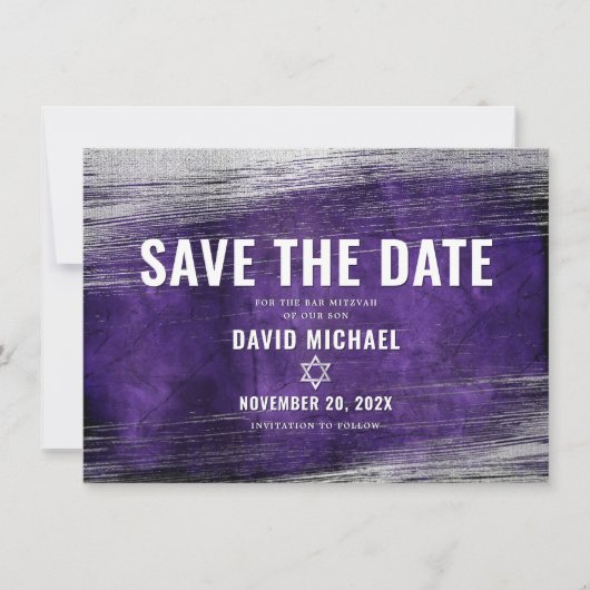 Bar Mitzvah Modern Paarse Waterverf Silver Foil Save The Date (Voorkant)