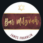 BAR MITZVAH modern rood kastanjebruin waterverf go Ronde Sticker<br><div class="desc">door kat massard >> WWW.SIMPLYSWEETPAPERIE.COM << << *** NOTE - HET SHINY GOLD FOIL EFFECT IS EEN AFGEDRUKT AFBEELDING ** - - - - - - - - - - - - - - - - - - - - - - - - - - - - - - -...</div>