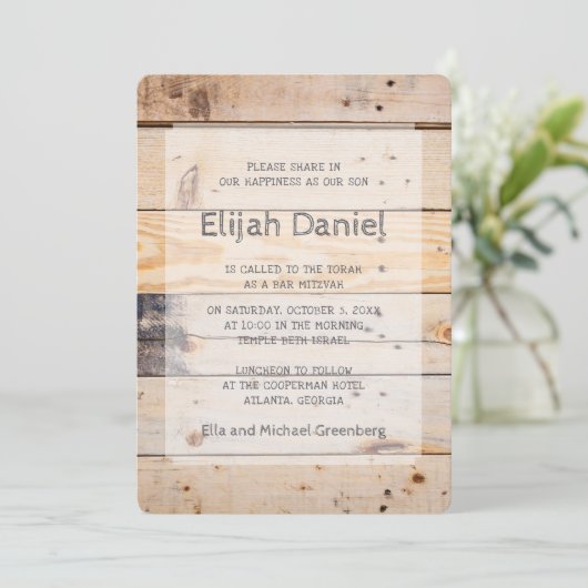 Bar Mitzvah Modern Rustic Wood Kaart (Staand voorkant)