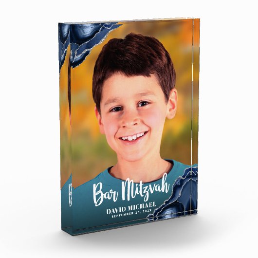 Bar Mitzvah Modern Script Navy Blue Agate Keepomwi Fotoblokken (Links)