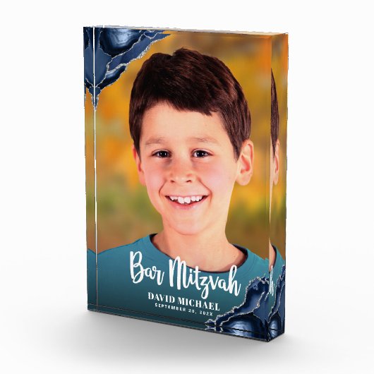Bar Mitzvah Modern Script Navy Blue Agate Keepomwi Fotoblokken (Rechts)