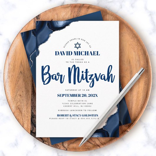 Bar Mitzvah Modern Simple Navy Blue Agate Script Kaart