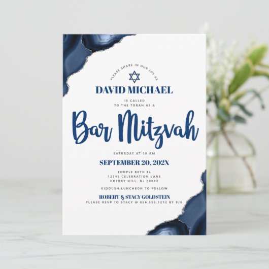 Bar Mitzvah Modern Simple Navy Blue Agate Script Kaart (Staand voorkant)