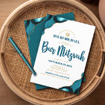 Bar Mitzvah Modern Simple Turquoise Agate Script Kaart<br><div class="desc">Wees trots, blij en toon deze mijlpaal van je favoriete Bar Mitzvah! Verstuur deze coole, unieke, moderne, gepersonaliseerde uitnodiging voor een evenement om het te herinneren. Donkere blauwgroen blauwe scripttypografie en faux gold Star van David bedekking simpele, schone witte achtergrond met turquoise blue agate voorzien van faux gouden aderen. Pas...</div>