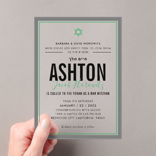 BAR MITZVAH modern star boy sporty green gray Acryl Uitnodigingen (Insitu (Draagbaar))