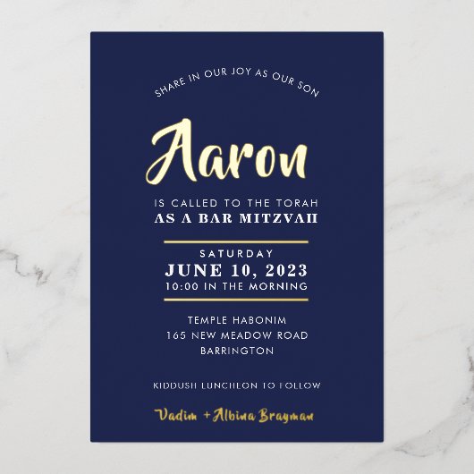 BAR MITZVAH modern, stijlvol kalligrafiegoud Folie Uitnodiging (Voorkant)