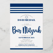 Bar Mitzvah Modern Tallit Navy Script Real Silver Folie Uitnodiging (Voorkant)