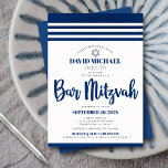 Bar Mitzvah Modern Tallit Navy Script Real Silver Folie Uitnodiging<br><div class="desc">Wees trots, blij en toon deze mijlpaal van je favoriete Bar Mitzvah! Verstuur deze coole, unieke, moderne, gepersonaliseerde uitnodiging voor een evenement om het te herinneren. Vet, blauw blauw script typografie, echte folie ster van David en een blauw en echt bladzilver gestreept, geïnspireerd grafisch deklaag op een eenvoudige, witte achtergrond....</div>