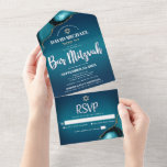 Bar Mitzvah Modern Turquoise Ombre Agate Script All In One Uitnodiging<br><div class="desc">Wees trots, blij en toon deze mijlpaal van je favoriete Bar Mitzvah! Verzend uit deze koele, unieke, moderne, douane alle-in-één uitnodiging voor een gebeurtenis om te herinneren. Witte scripttypografie en een faux gouden ster van David bedekken een diepe turquoise blauwgroen blauwe ombre achtergrond met turquoise blue agate, voorzien van faux...</div>