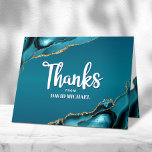 Bar Mitzvah Modern Turquoise Ombre Agate Script Bedankkaart<br><div class="desc">Zorg ervoor dat je favoriete Bar Mitzvah zijn waardering show aan iedereen die zijn mijlpaal steunde! Verstuur deze coole, unieke, moderne, gepersonaliseerde bedankt kaart. Het witte handgeschreven manuscript en gewaagde sans serif typografie bekleden een diepe blauwgroen blauwe ombre achtergrond met turquoise blue agate geaccenteerd met faux gouden aderen. Extra turquoise...</div>